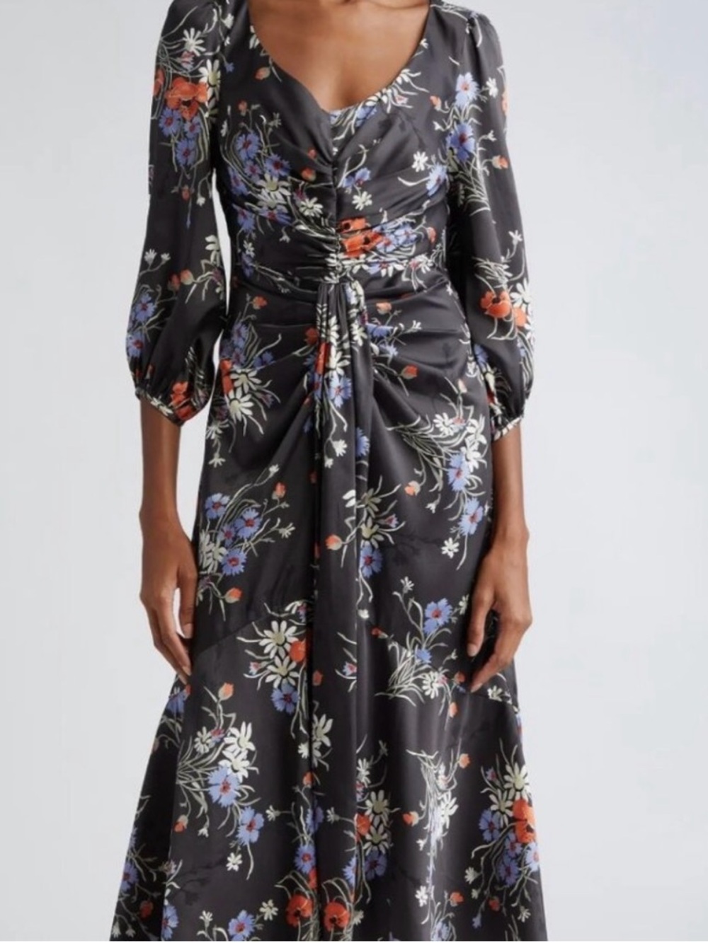 cinq a sept Black Floral Satin Maxi Dress with Ruched Front Excellent condition